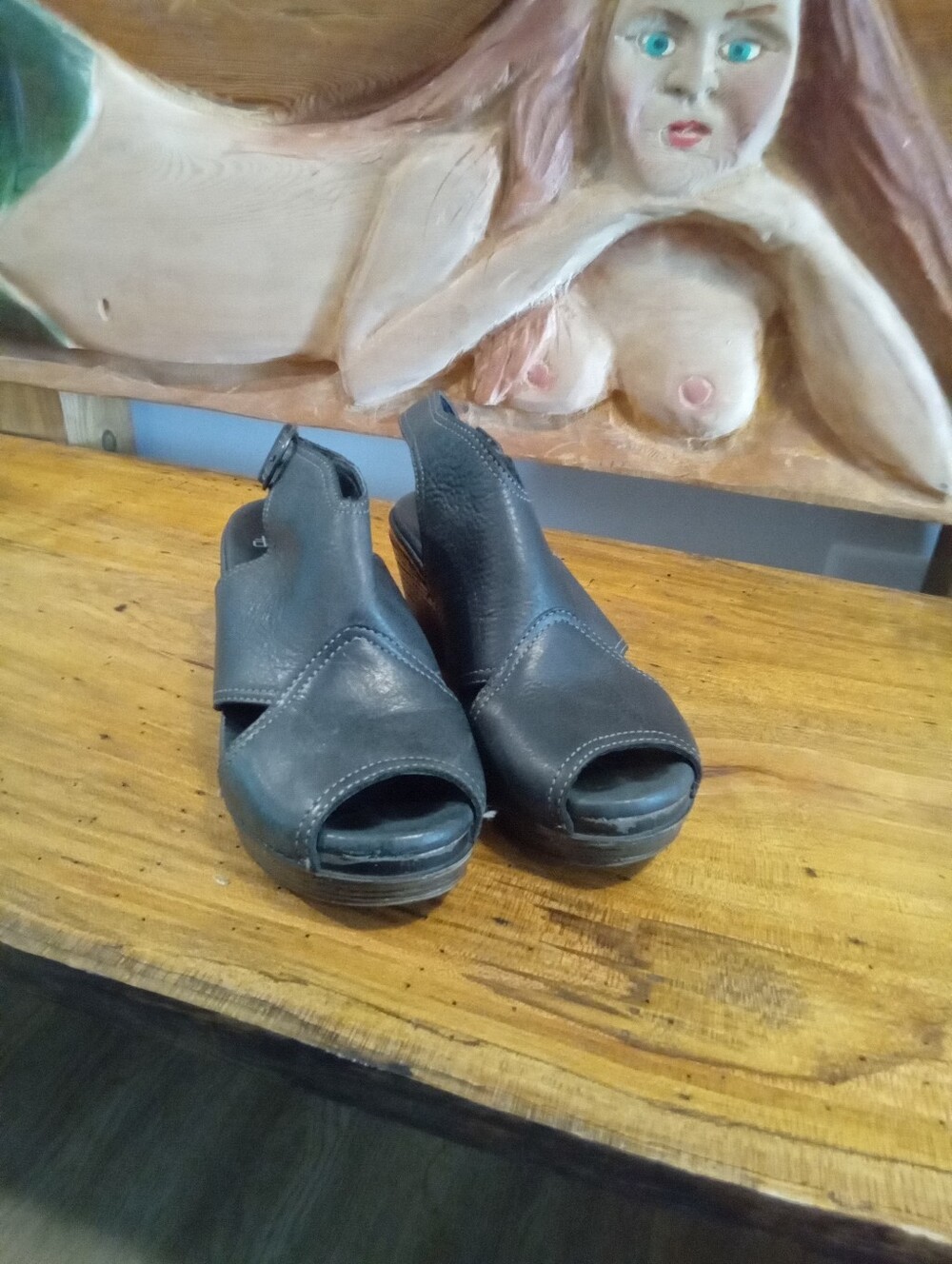 Dansko Vanda Size 37 (7-7.5) Black Leather Peep-Toe Wedge Slingbacks 3" Heel - Picture 3 of 13